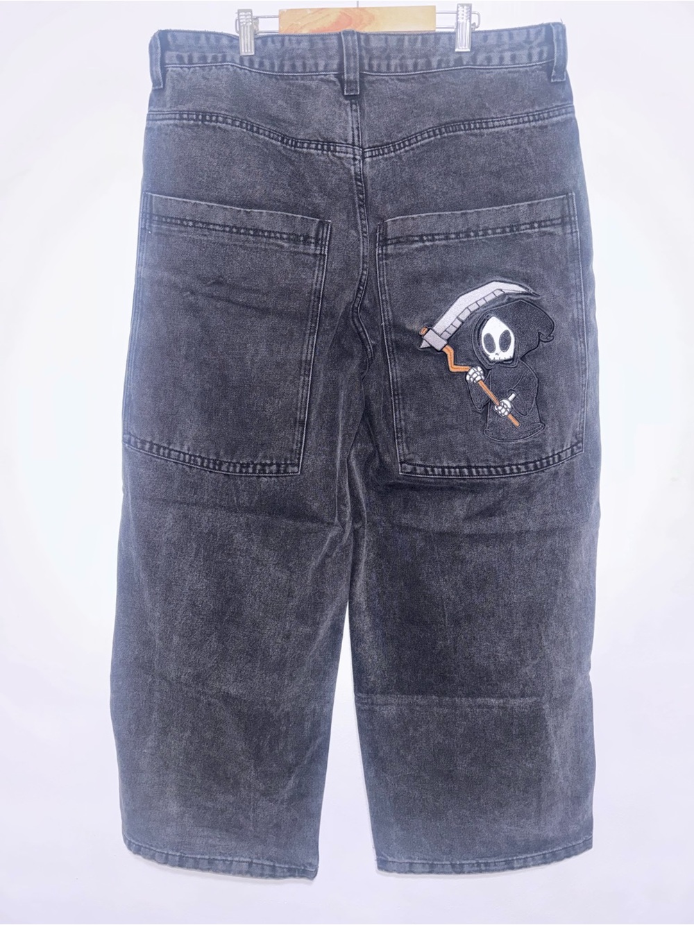 Black Washed Gloe Wide Leg Denim Jeans with White Embroidered Details - Picture 2 of 5